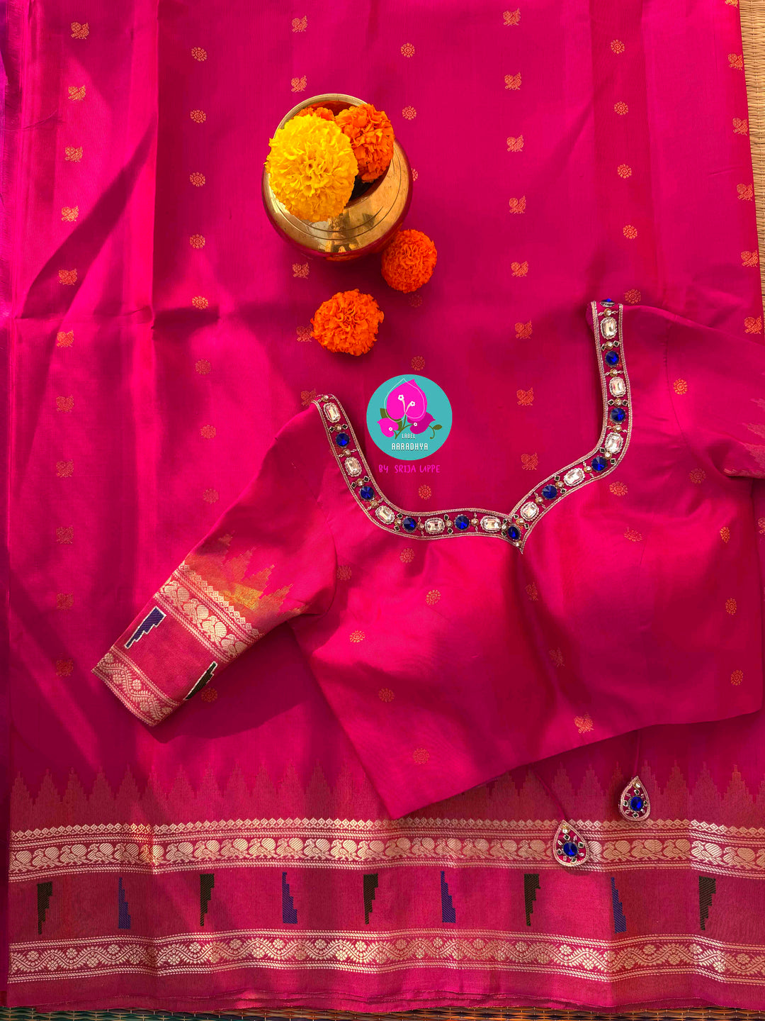 Petals of Luminescence: Pure Tissue Gadwal in Radiant Pink with 3D Jewel Artistry