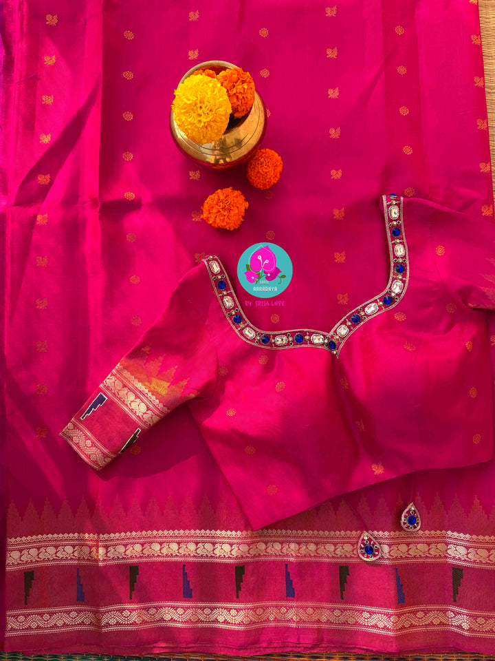 Petals of Luminescence: Pure Tissue Gadwal in Radiant Pink with 3D Jewel Artistry