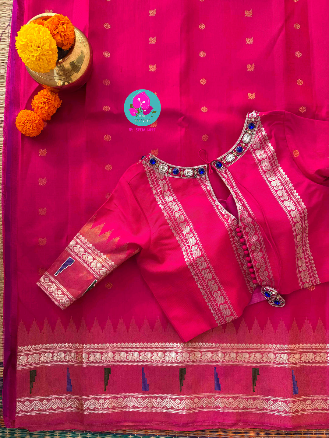 Petals of Luminescence: Pure Tissue Gadwal in Radiant Pink with 3D Jewel Artistry