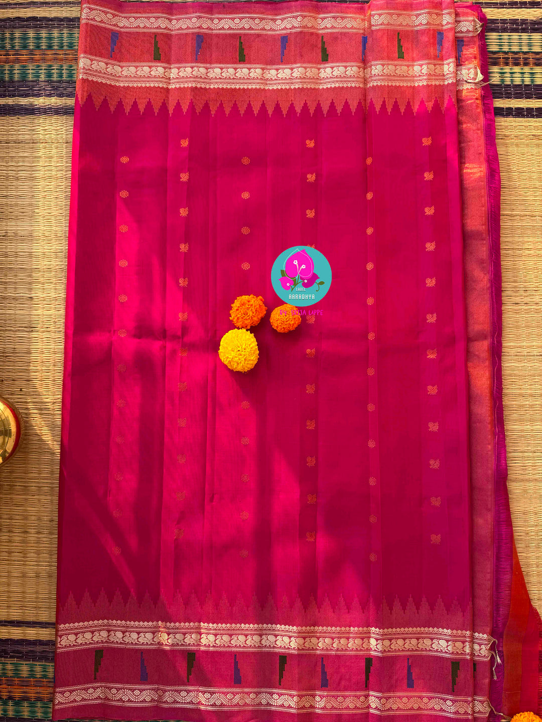 Petals of Luminescence: Pure Tissue Gadwal in Radiant Pink with 3D Jewel Artistry