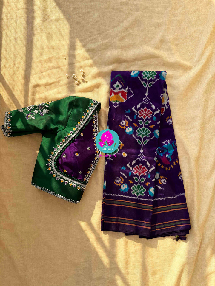 Radiant Amethyst: Violet Pure Ikkat Silk with Hand-Embroidered Madhubala Artistry