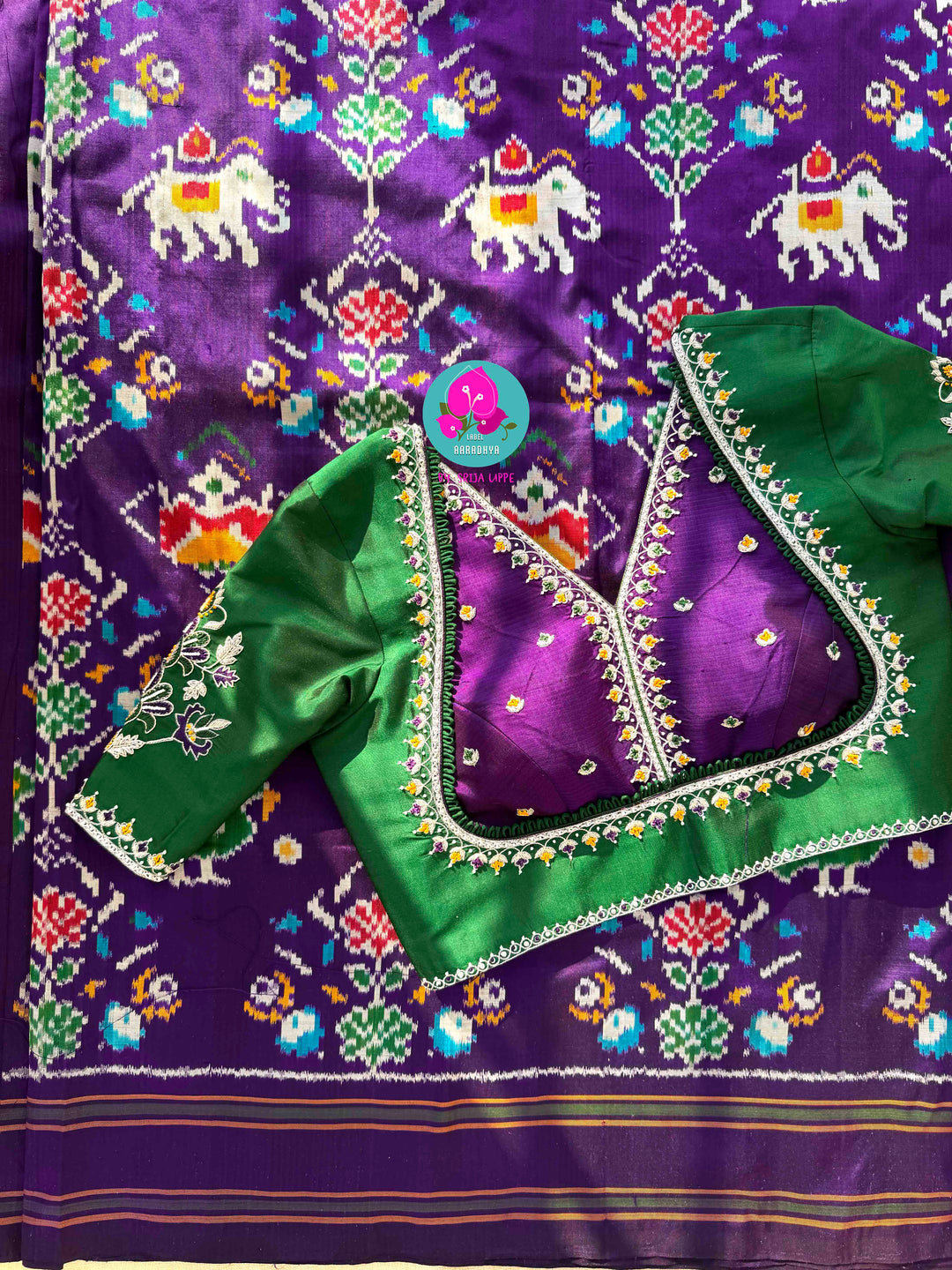 Radiant Amethyst: Violet Pure Ikkat Silk with Hand-Embroidered Madhubala Artistry