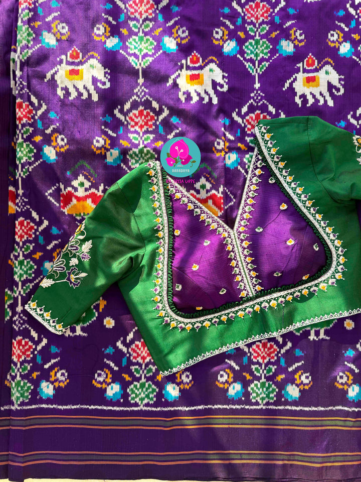 Radiant Amethyst: Violet Pure Ikkat Silk with Hand-Embroidered Madhubala Artistry