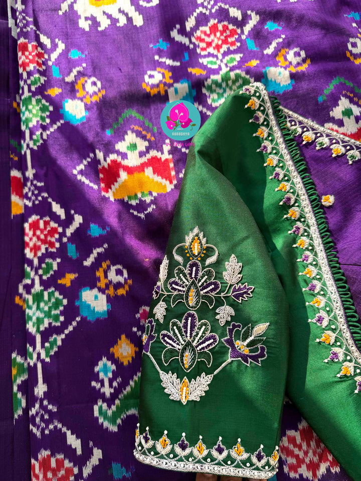 Radiant Amethyst: Violet Pure Ikkat Silk with Hand-Embroidered Madhubala Artistry