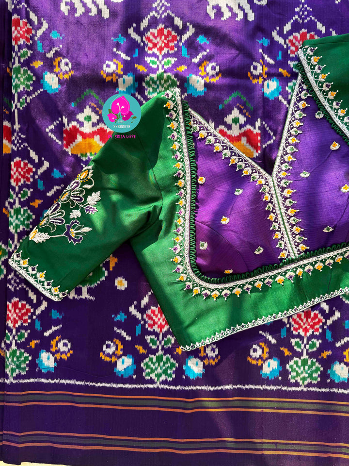 Radiant Amethyst: Violet Pure Ikkat Silk with Hand-Embroidered Madhubala Artistry
