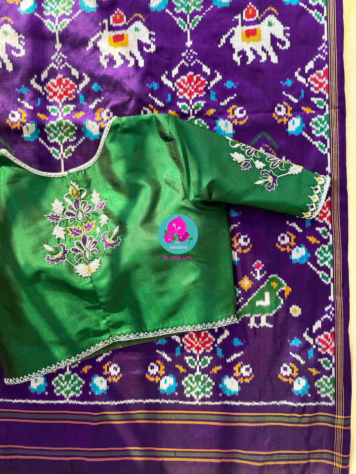 Radiant Amethyst: Violet Pure Ikkat Silk with Hand-Embroidered Madhubala Artistry