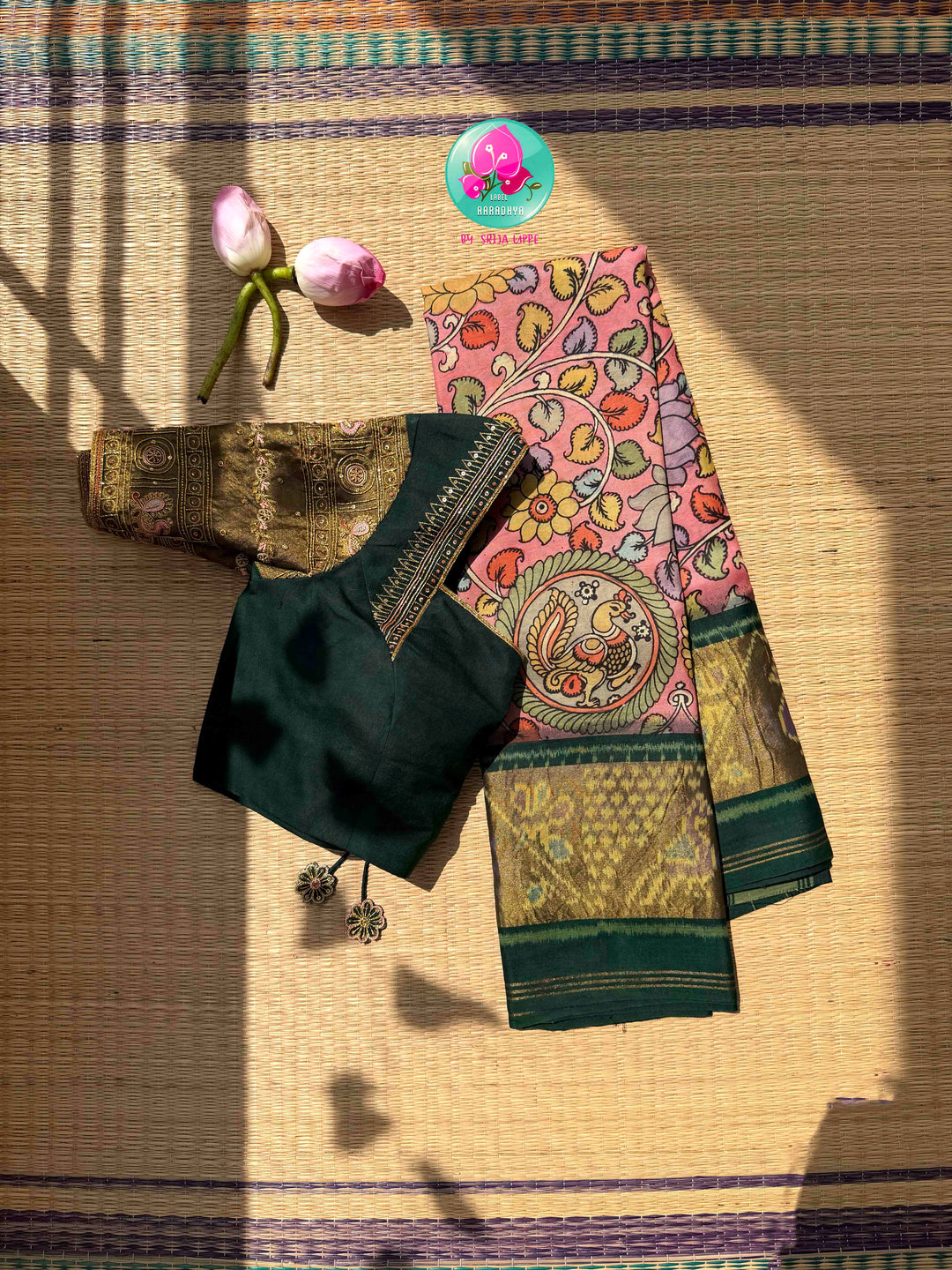 Artisanal Heritage Fusion: Pure Pen Kalamkari & Patola Silk Saree in Soft Pink & Dark Green with Hand-Embroidered Maggam Blouse