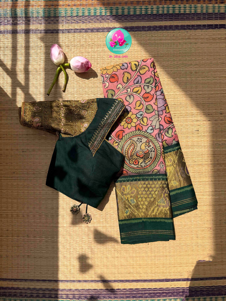 Artisanal Heritage Fusion: Pure Pen Kalamkari & Patola Silk Saree in Soft Pink & Dark Green with Hand-Embroidered Maggam Blouse
