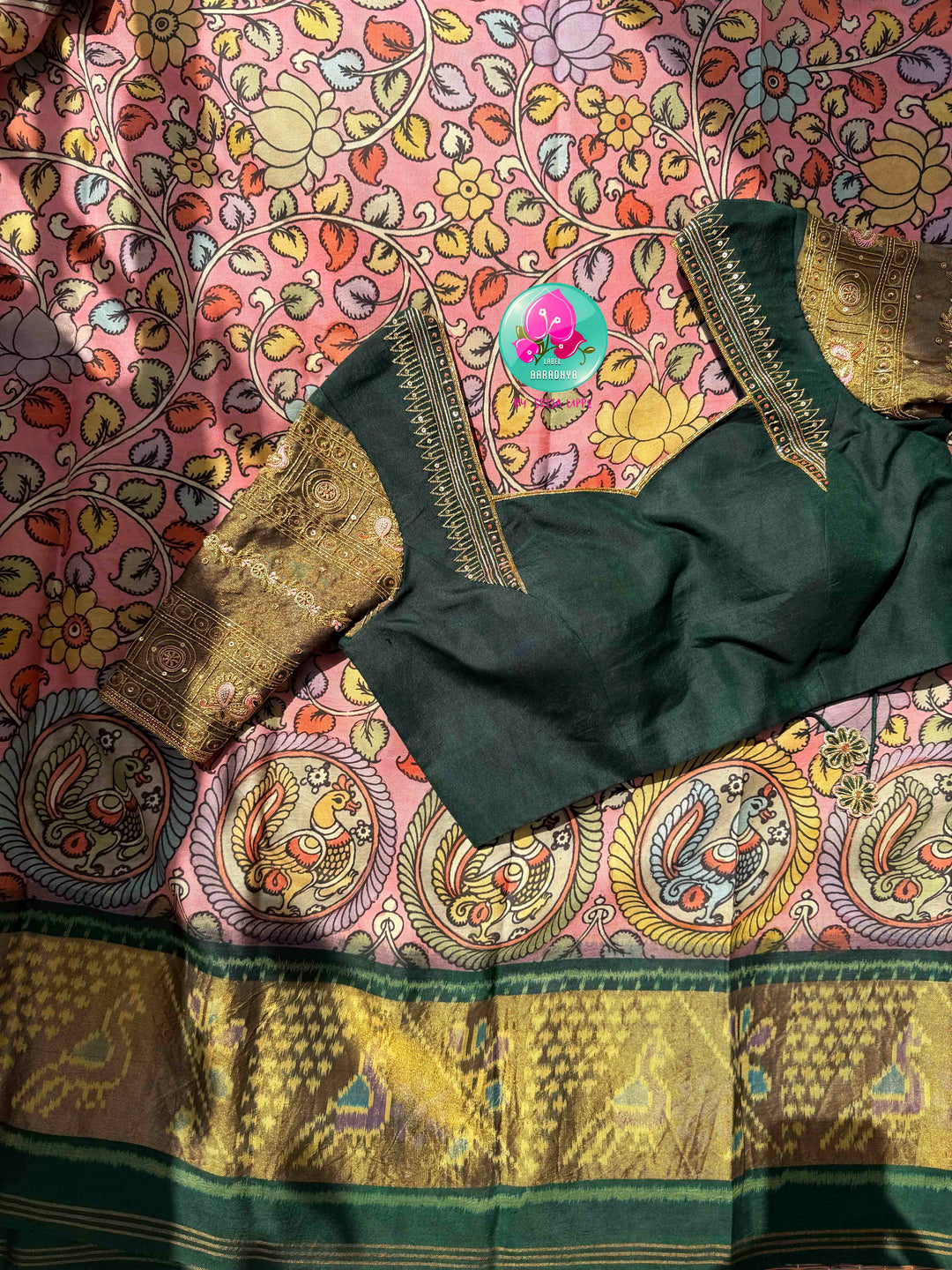 Artisanal Heritage Fusion: Pure Pen Kalamkari & Patola Silk Saree in Soft Pink & Dark Green with Hand-Embroidered Maggam Blouse