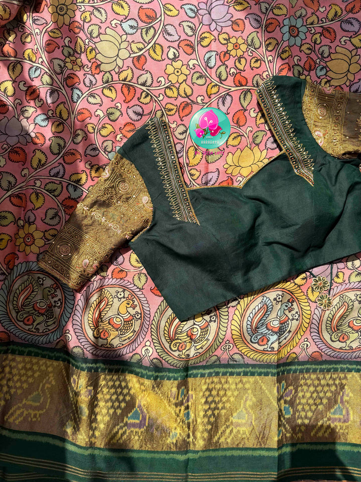 Artisanal Heritage Fusion: Pure Pen Kalamkari & Patola Silk Saree in Soft Pink & Dark Green with Hand-Embroidered Maggam Blouse