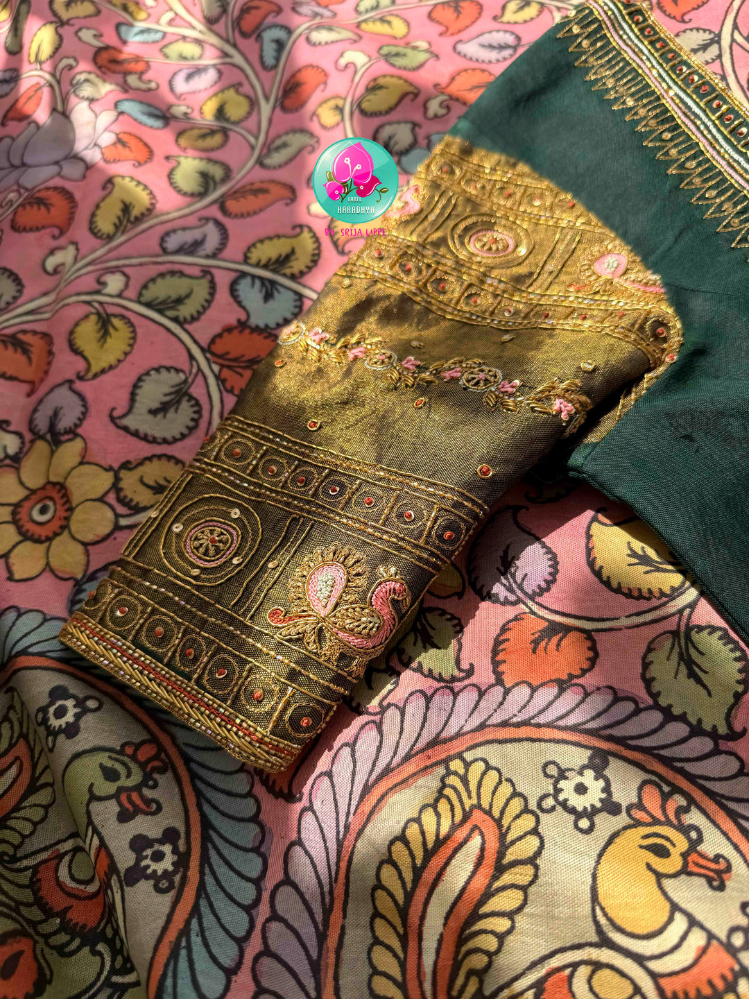 Artisanal Heritage Fusion: Pure Pen Kalamkari & Patola Silk Saree in Soft Pink & Dark Green with Hand-Embroidered Maggam Blouse