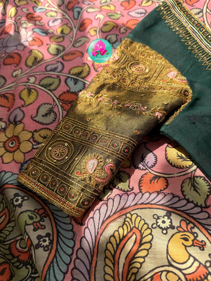 Artisanal Heritage Fusion: Pure Pen Kalamkari & Patola Silk Saree in Soft Pink & Dark Green with Hand-Embroidered Maggam Blouse