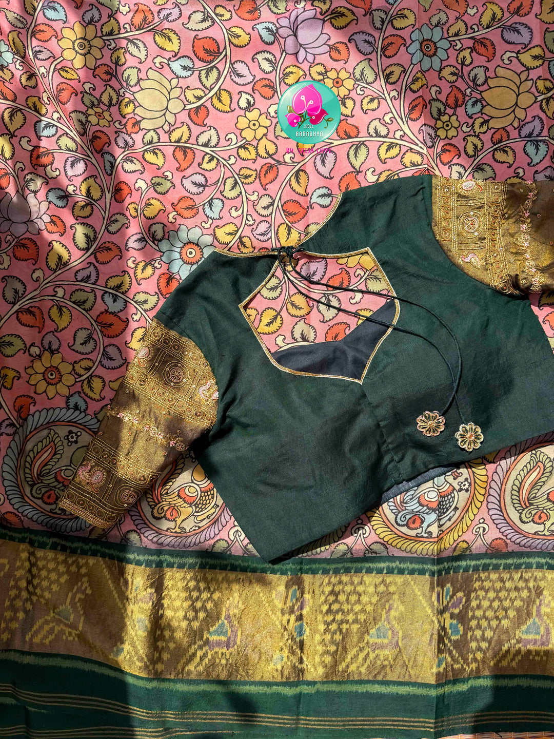 Artisanal Heritage Fusion: Pure Pen Kalamkari & Patola Silk Saree in Soft Pink & Dark Green with Hand-Embroidered Maggam Blouse
