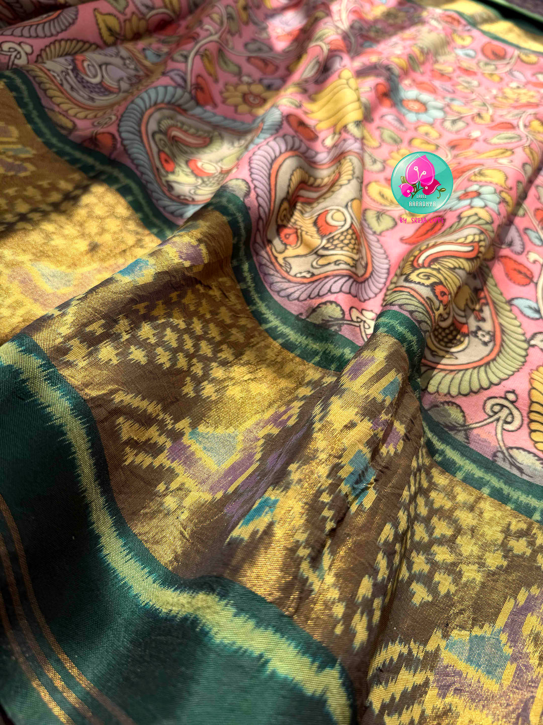 Artisanal Heritage Fusion: Pure Pen Kalamkari & Patola Silk Saree in Soft Pink & Dark Green with Hand-Embroidered Maggam Blouse