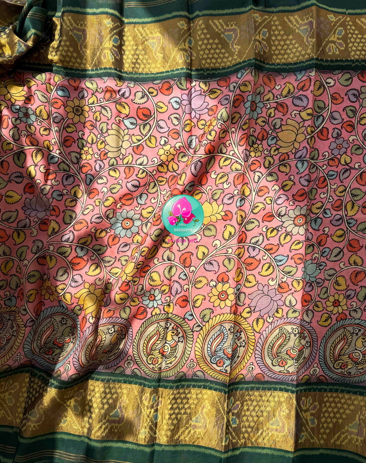Artisanal Heritage Fusion: Pure Pen Kalamkari & Patola Silk Saree in Soft Pink & Dark Green with Hand-Embroidered Maggam Blouse