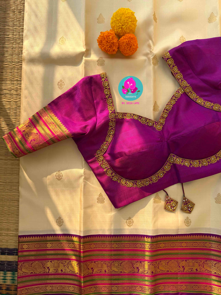 Ivory Radiance & Magenta Majesty: Handloom Kanchipattu with Meticulous Gold Artistry