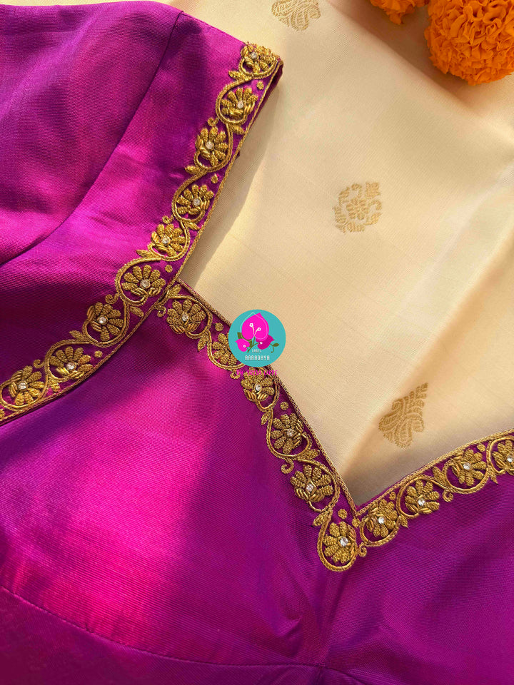Ivory Radiance & Magenta Majesty: Handloom Kanchipattu with Meticulous Gold Artistry