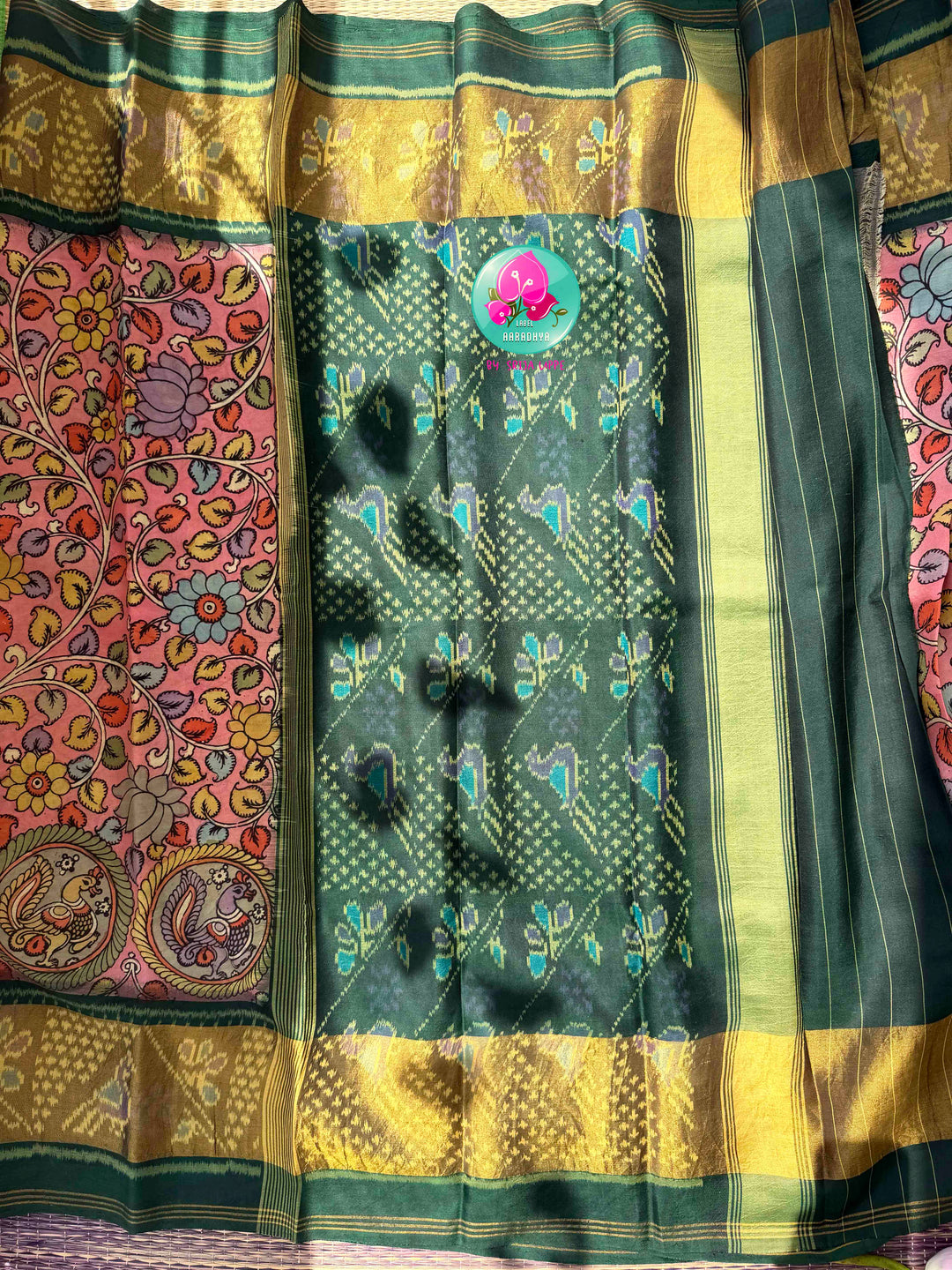 Artisanal Heritage Fusion: Pure Pen Kalamkari & Patola Silk Saree in Soft Pink & Dark Green with Hand-Embroidered Maggam Blouse