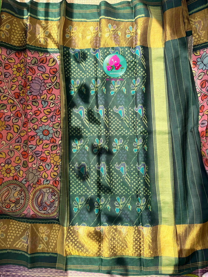 Artisanal Heritage Fusion: Pure Pen Kalamkari & Patola Silk Saree in Soft Pink & Dark Green with Hand-Embroidered Maggam Blouse