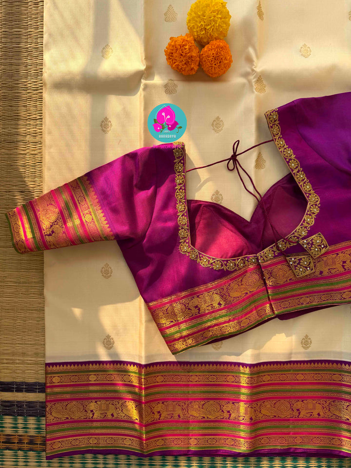Ivory Radiance & Magenta Majesty: Handloom Kanchipattu with Meticulous Gold Artistry