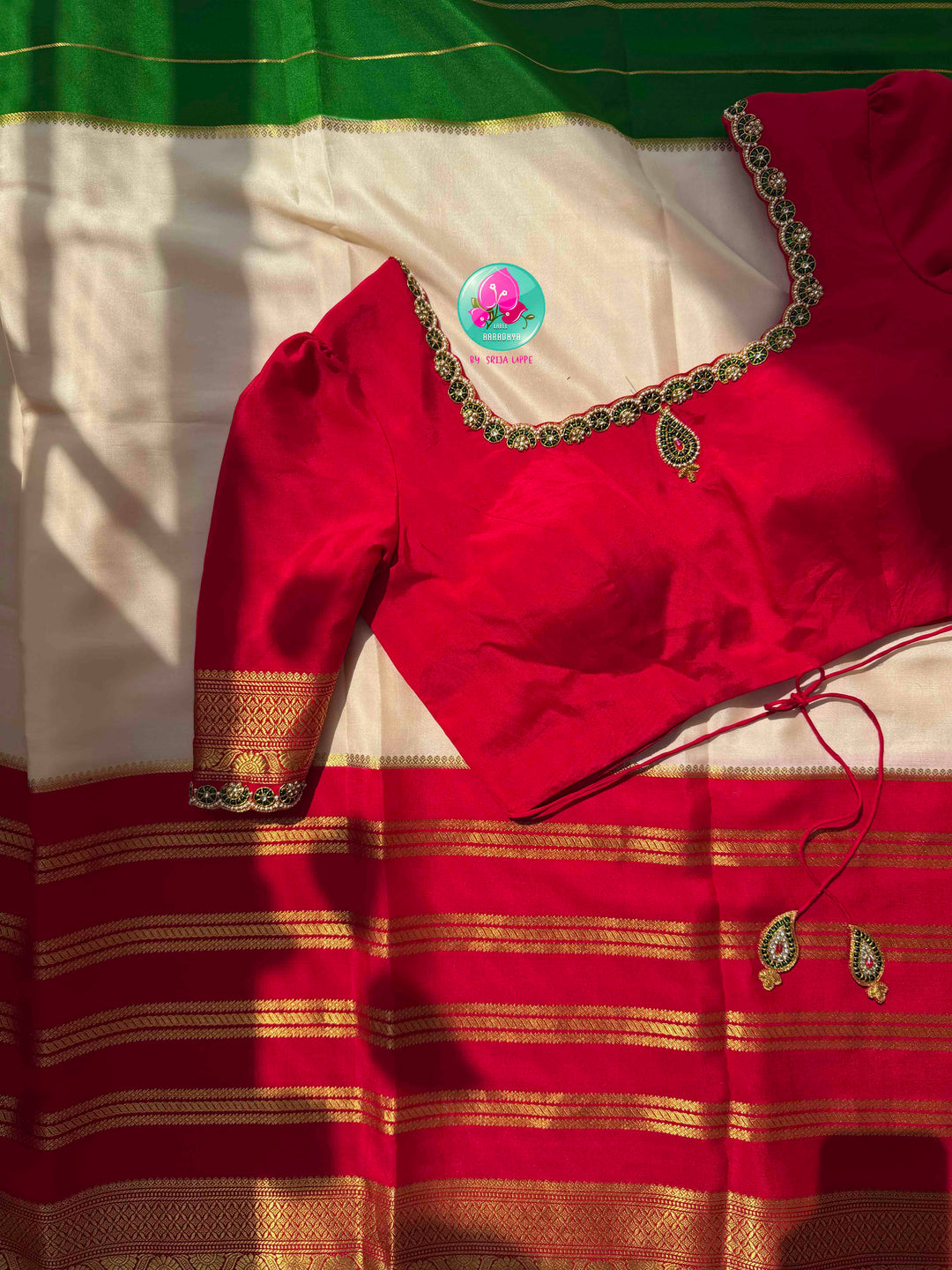 Sacred Temple Grandeur: Pure Off-White Mysore Silk Saree in 120 gsm with Crimson & Forest Green Ganga Jamuna Borders