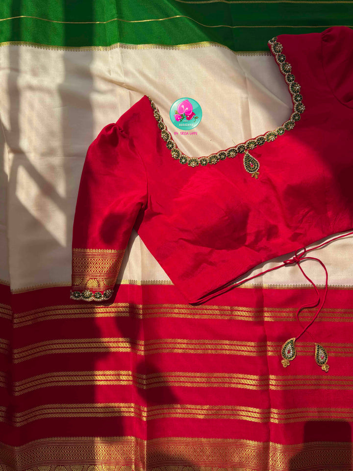 Sacred Temple Grandeur: Pure Off-White Mysore Silk Saree in 120 gsm with Crimson & Forest Green Ganga Jamuna Borders