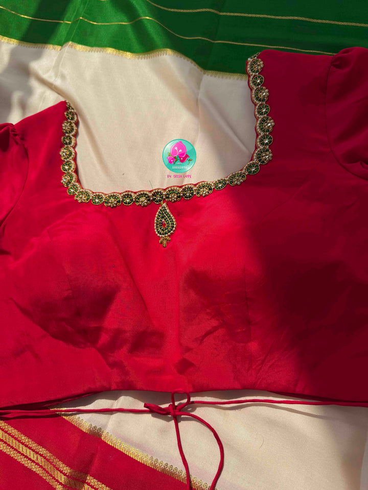Sacred Temple Grandeur: Pure Off-White Mysore Silk Saree in 120 gsm with Crimson & Forest Green Ganga Jamuna Borders