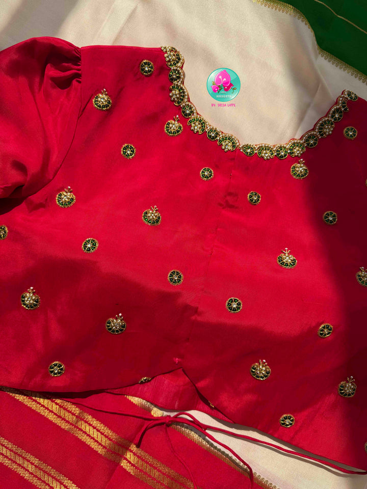 Sacred Temple Grandeur: Pure Off-White Mysore Silk Saree in 120 gsm with Crimson & Forest Green Ganga Jamuna Borders