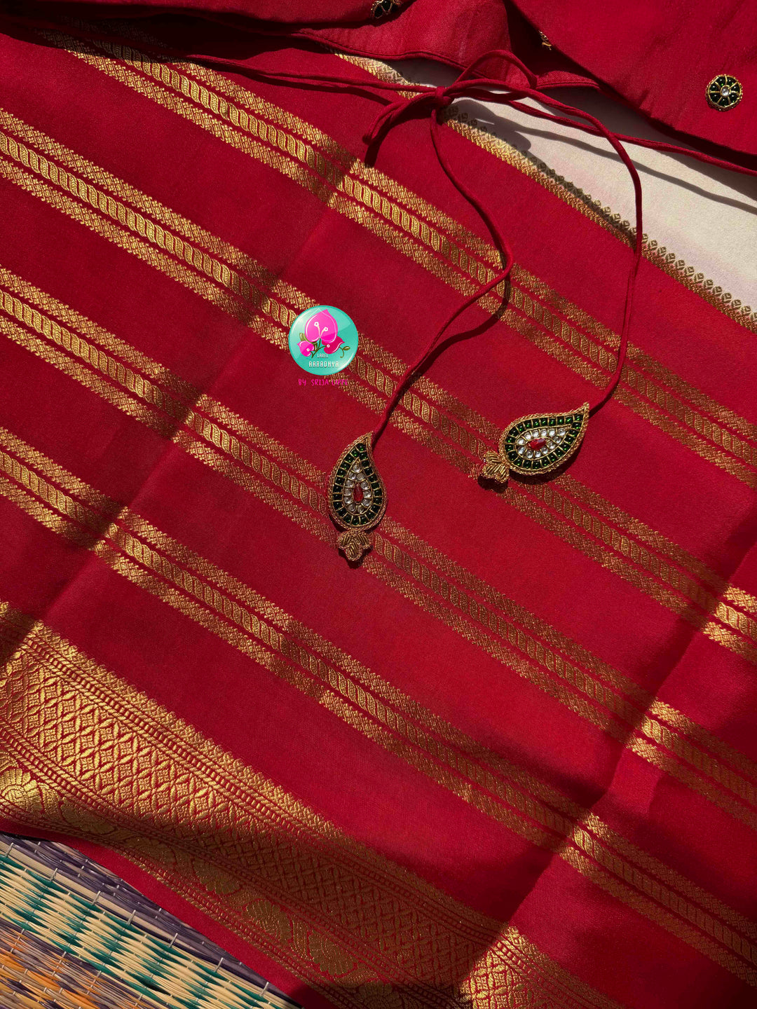Sacred Temple Grandeur: Pure Off-White Mysore Silk Saree in 120 gsm with Crimson & Forest Green Ganga Jamuna Borders