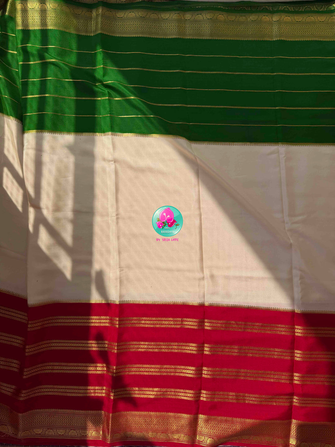 Sacred Temple Grandeur: Pure Off-White Mysore Silk Saree in 120 gsm with Crimson & Forest Green Ganga Jamuna Borders