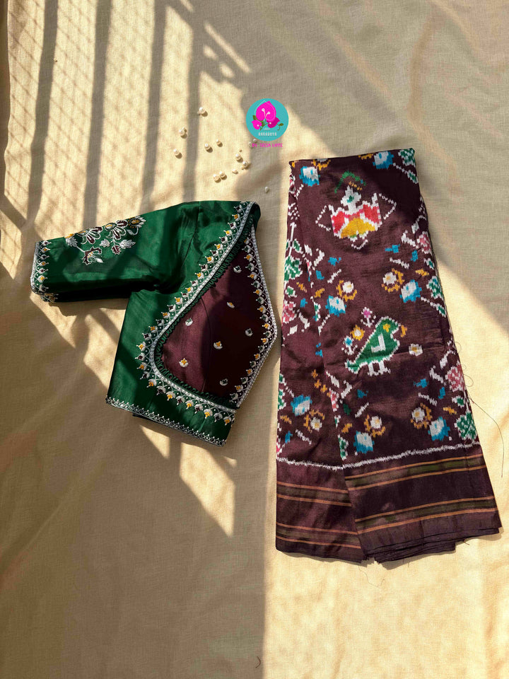 The Gilded Grove: Cocoa Brown Double-Woven Ikkat with Emerald Madhubala Art