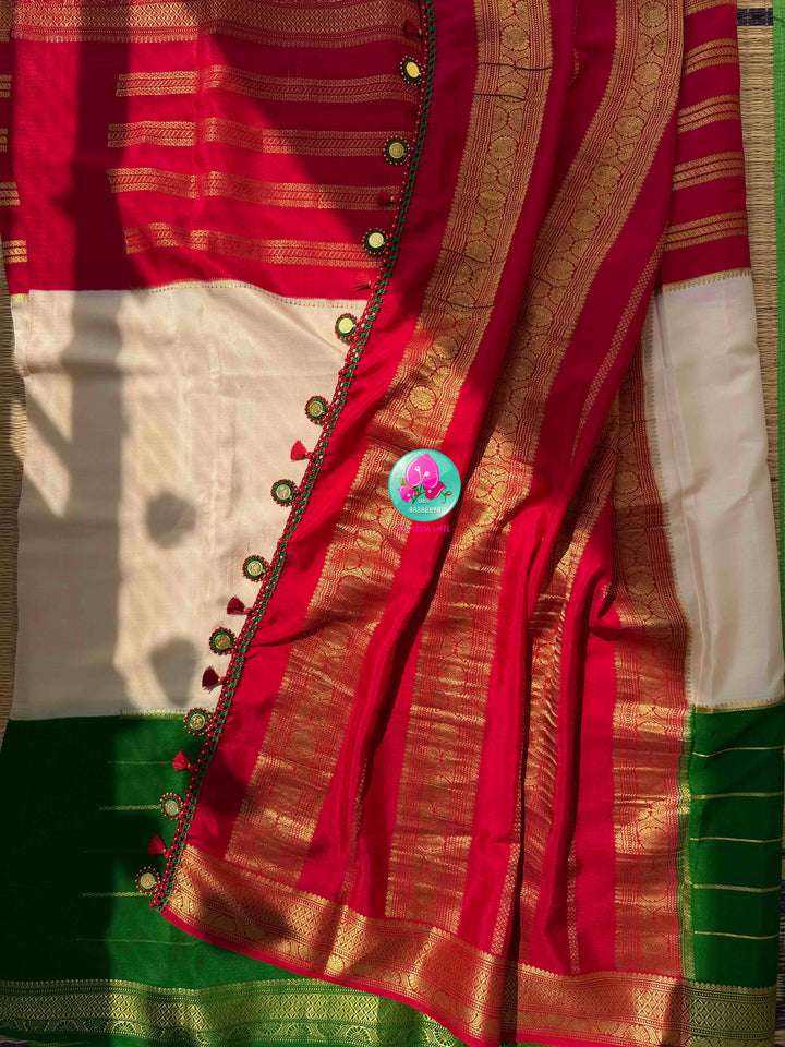 Sacred Temple Grandeur: Pure Off-White Mysore Silk Saree in 120 gsm with Crimson & Forest Green Ganga Jamuna Borders