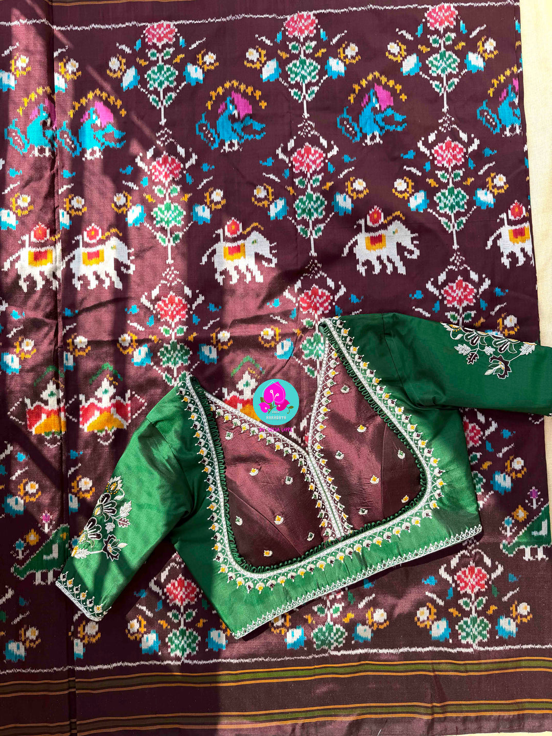 The Gilded Grove: Cocoa Brown Double-Woven Ikkat with Emerald Madhubala Art