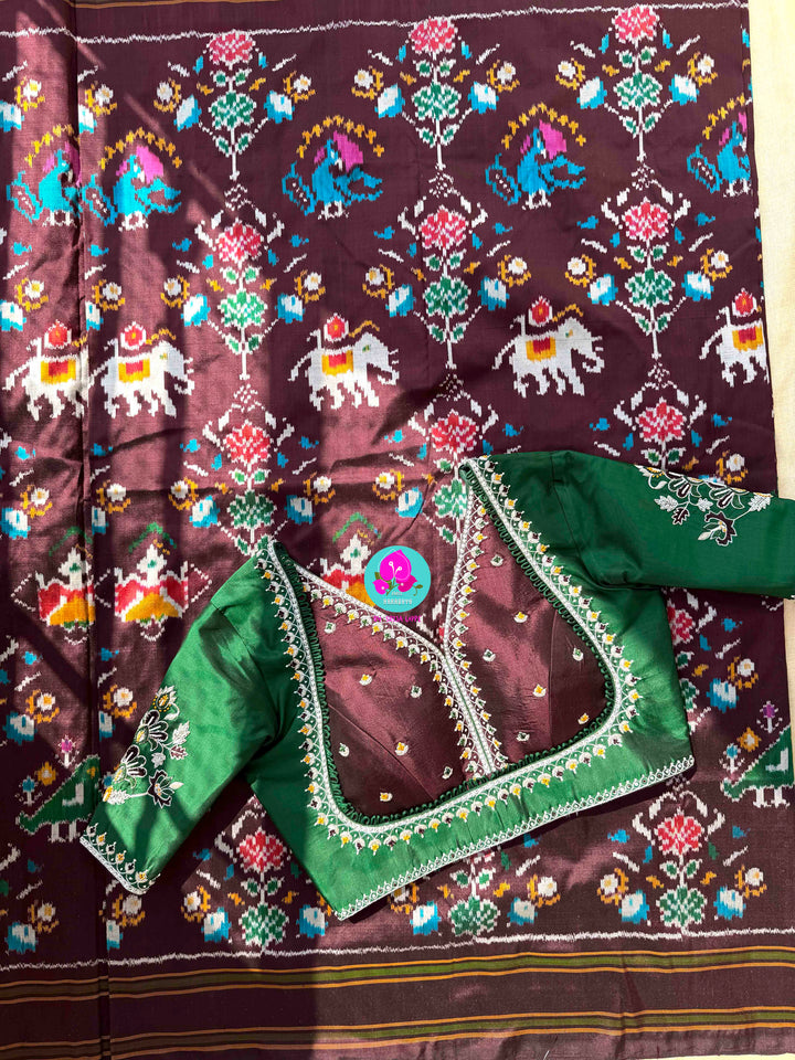 The Gilded Grove: Cocoa Brown Double-Woven Ikkat with Emerald Madhubala Art