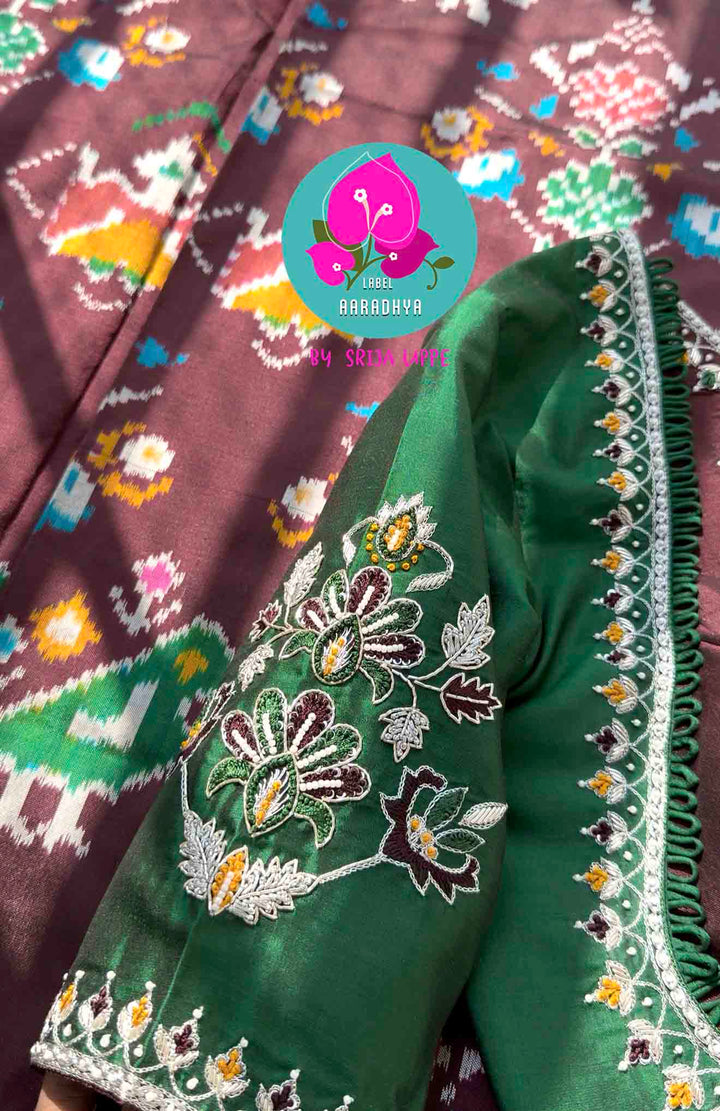 The Gilded Grove: Cocoa Brown Double-Woven Ikkat with Emerald Madhubala Art