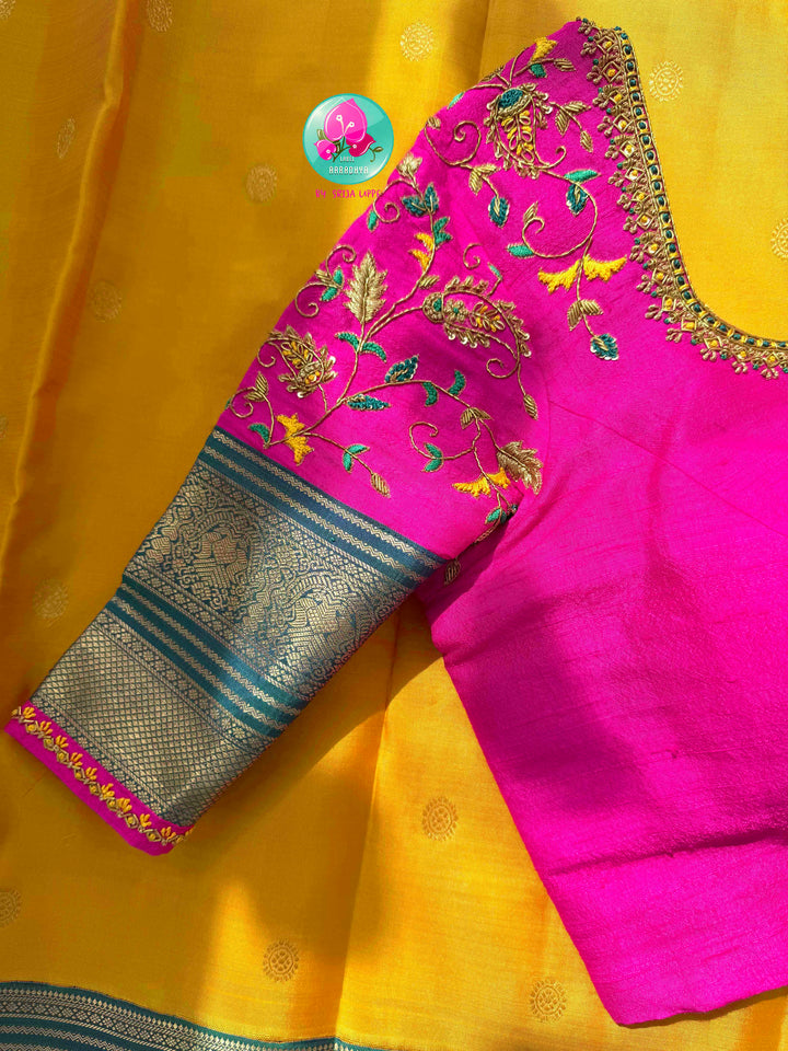 Vintage Radiance & High-Contrast Splendor: Mustard Yellow Pure Kanjeevaram Saree with Peacock Blue Border & Rani Pink Maggam Blouse