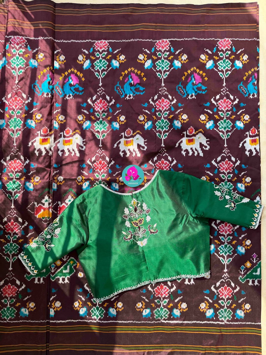 The Gilded Grove: Cocoa Brown Double-Woven Ikkat with Emerald Madhubala Art