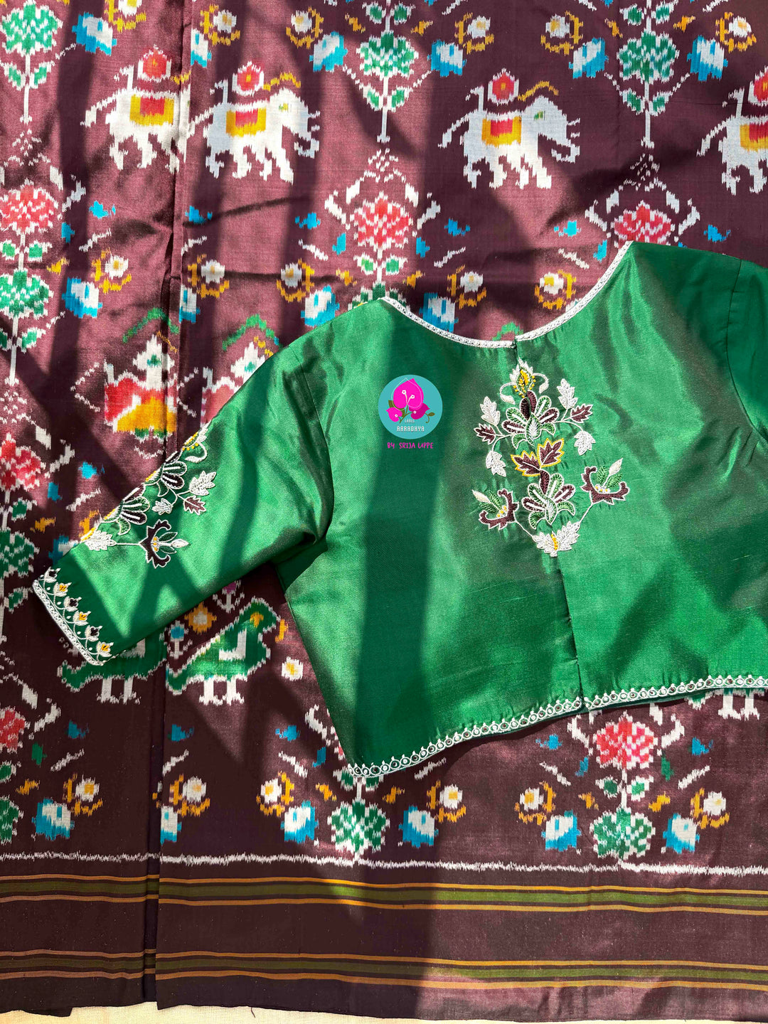The Gilded Grove: Cocoa Brown Double-Woven Ikkat with Emerald Madhubala Art