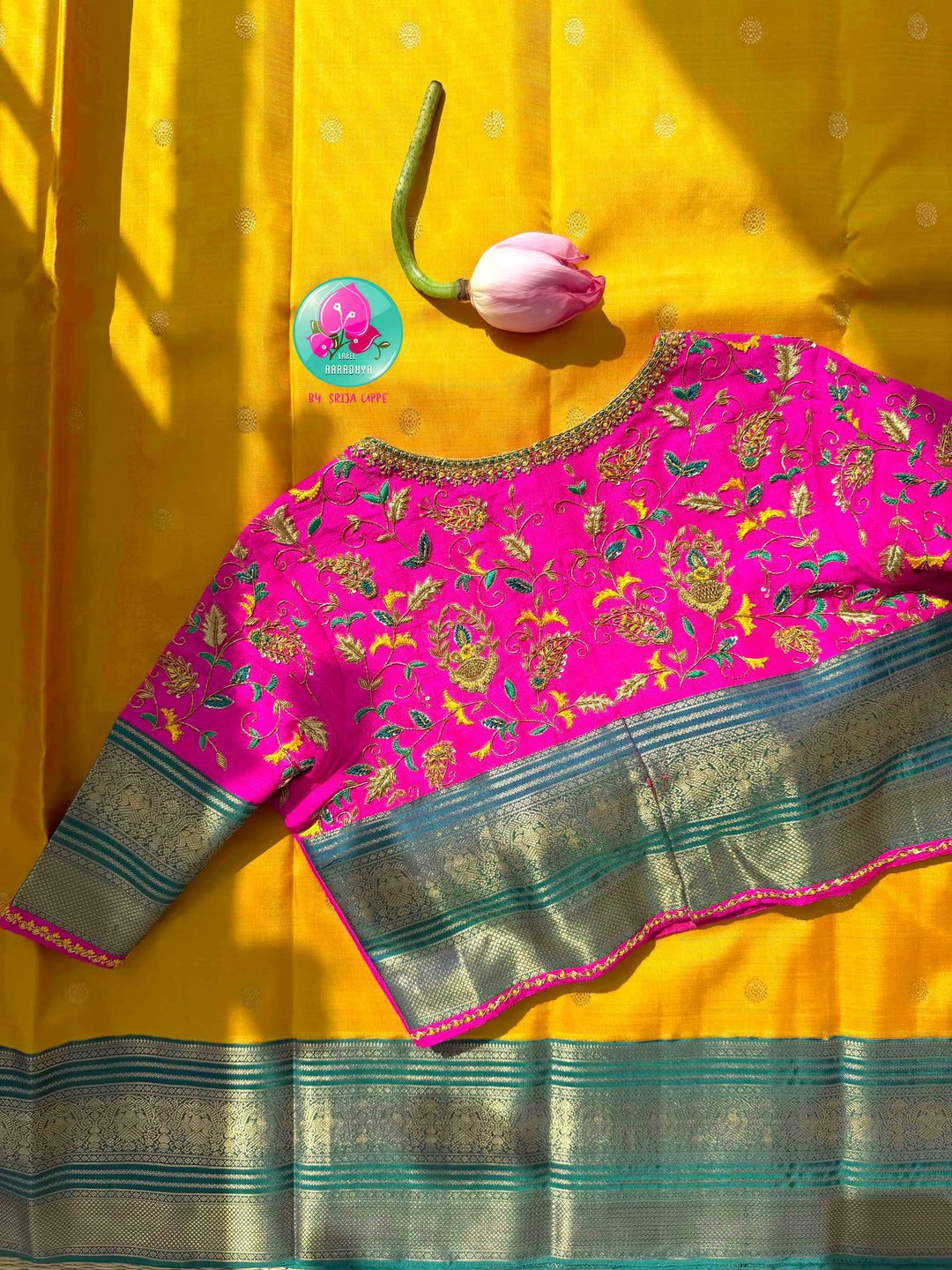 Vintage Radiance & High-Contrast Splendor: Mustard Yellow Pure Kanjeevaram Saree with Peacock Blue Border & Rani Pink Maggam Blouse