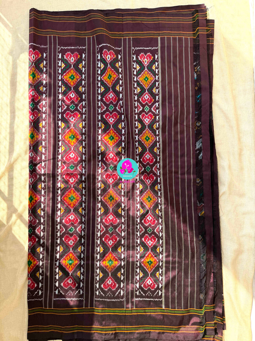 The Gilded Grove: Cocoa Brown Double-Woven Ikkat with Emerald Madhubala Art
