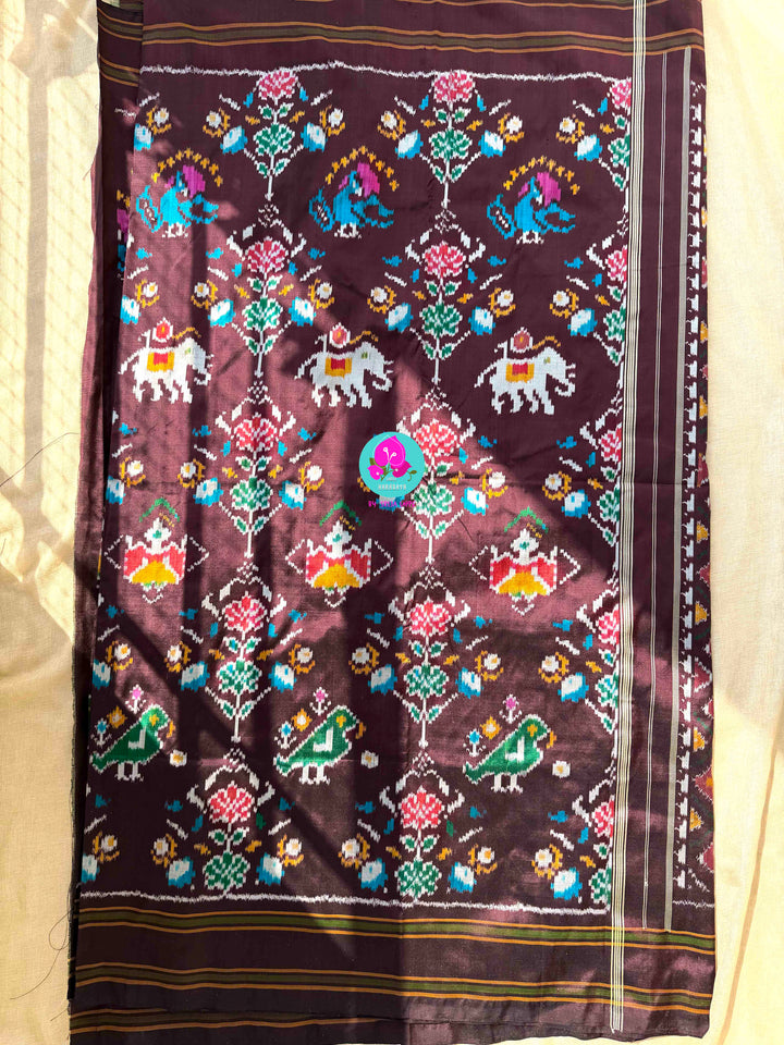 The Gilded Grove: Cocoa Brown Double-Woven Ikkat with Emerald Madhubala Art