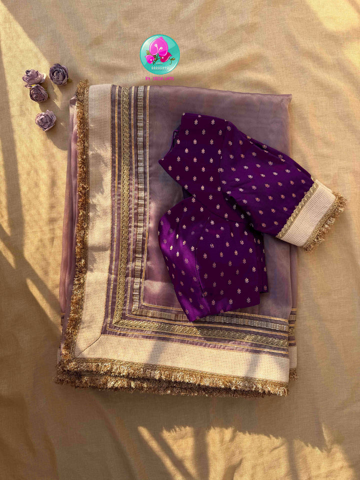 Ethereal Whisper: Lavender Soft Tissue Organza with Deep Purple Satin Artistry