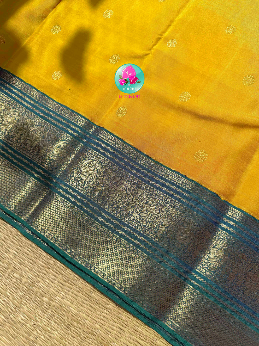 Vintage Radiance & High-Contrast Splendor: Mustard Yellow Pure Kanjeevaram Saree with Peacock Blue Border & Rani Pink Maggam Blouse