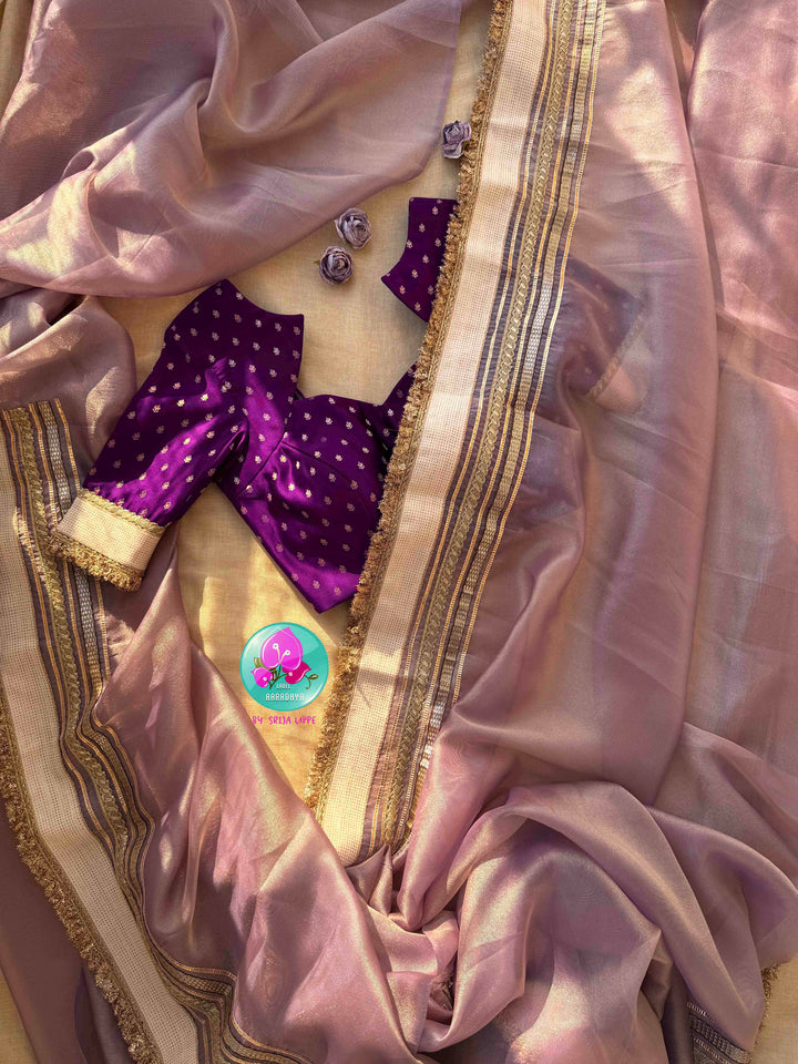 Ethereal Whisper: Lavender Soft Tissue Organza with Deep Purple Satin Artistry