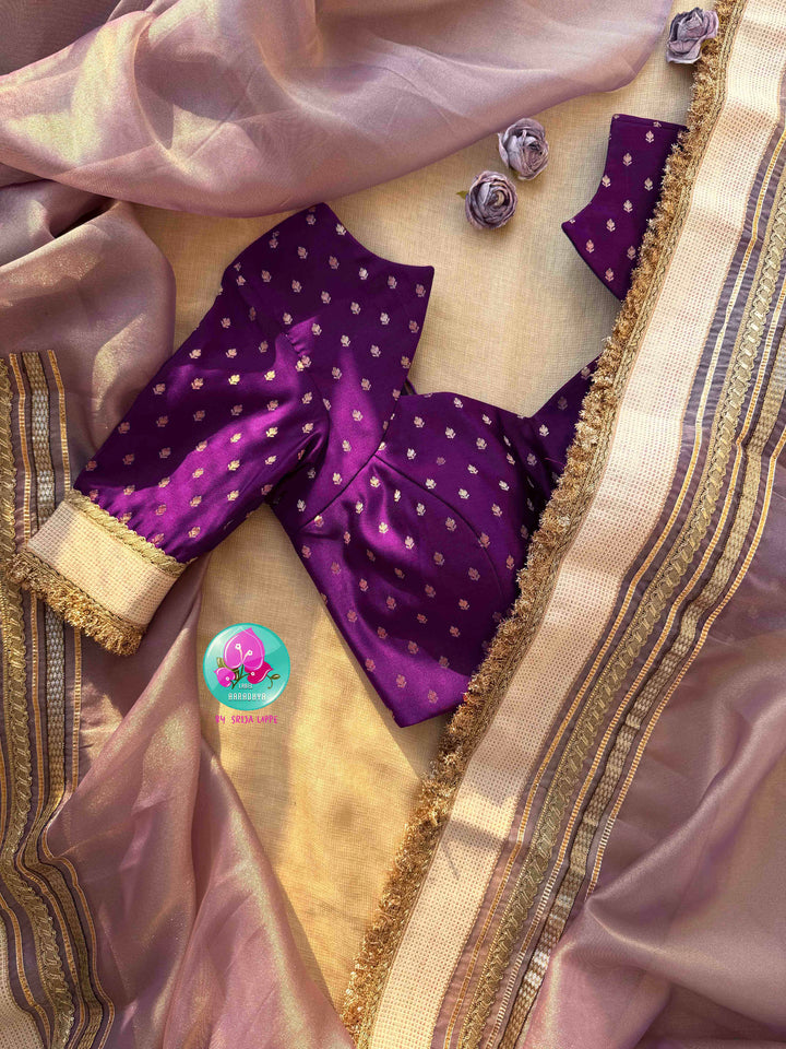 Ethereal Whisper: Lavender Soft Tissue Organza with Deep Purple Satin Artistry