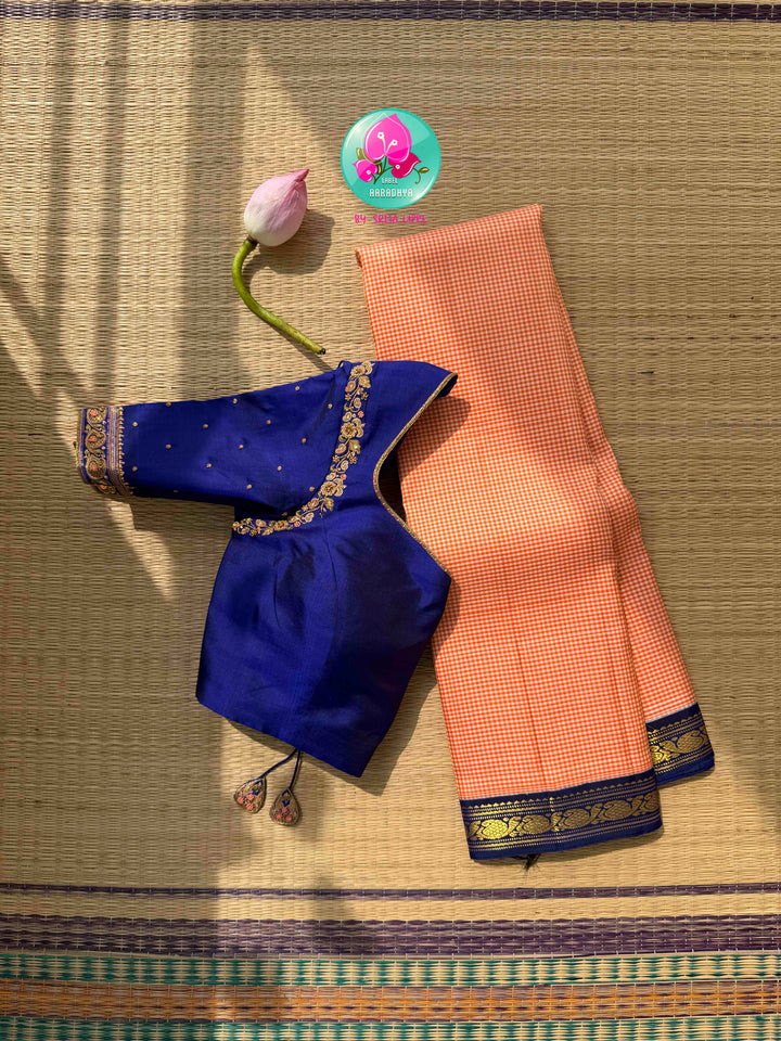 Traditional Splendor: Kanakambaram Orange Madras Checks Pure Kanchipattu Saree & Hand Embroidered Royal Blue Blouse