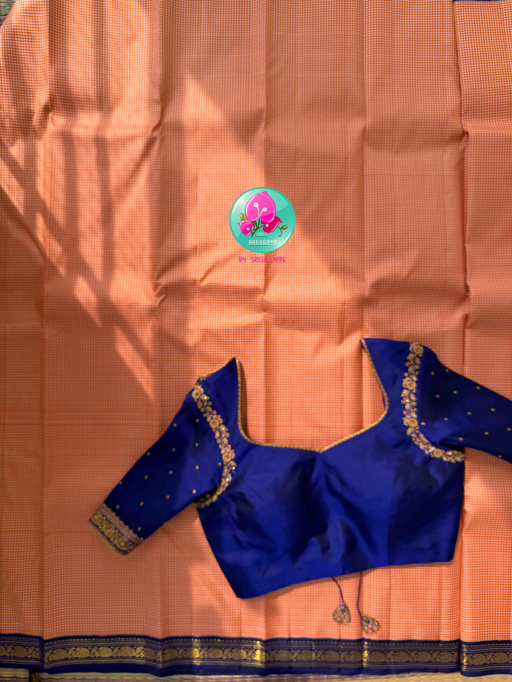 Traditional Splendor: Kanakambaram Orange Madras Checks Pure Kanchipattu Saree & Hand Embroidered Royal Blue Blouse
