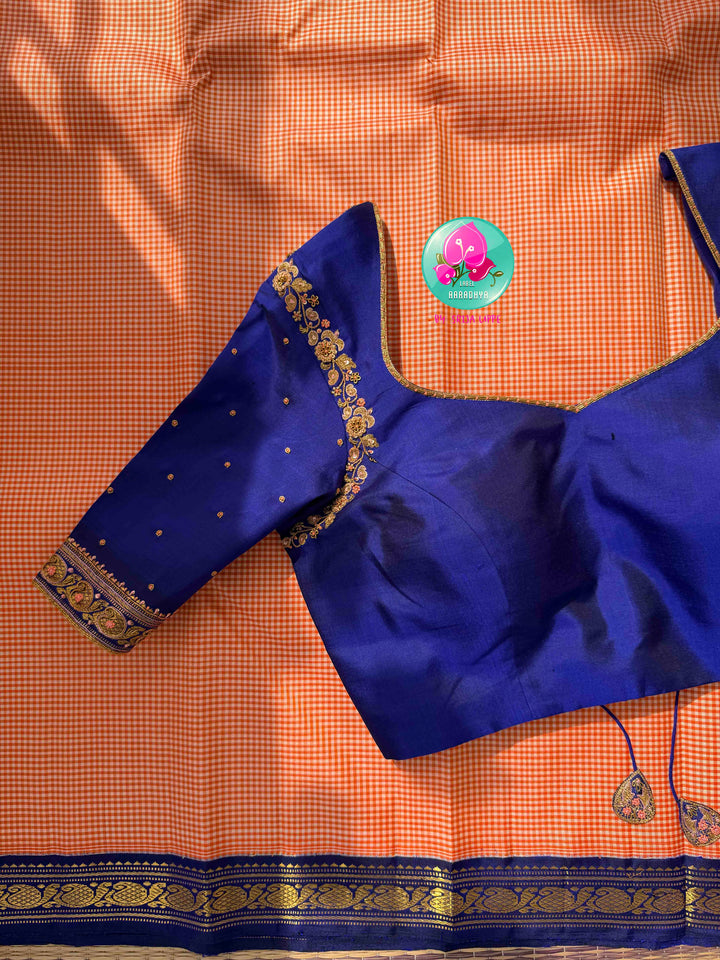 Traditional Splendor: Kanakambaram Orange Madras Checks Pure Kanchipattu Saree & Hand Embroidered Royal Blue Blouse