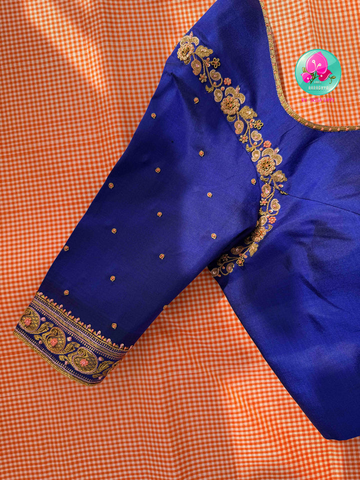 Traditional Splendor: Kanakambaram Orange Madras Checks Pure Kanchipattu Saree & Hand Embroidered Royal Blue Blouse