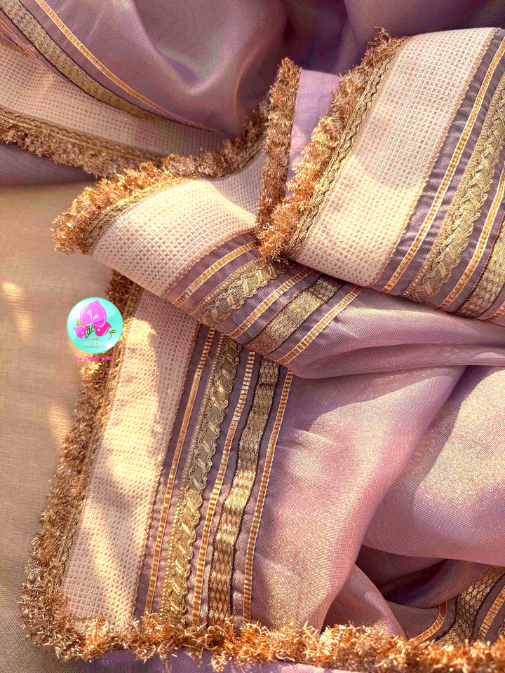 Ethereal Whisper: Lavender Soft Tissue Organza with Deep Purple Satin Artistry
